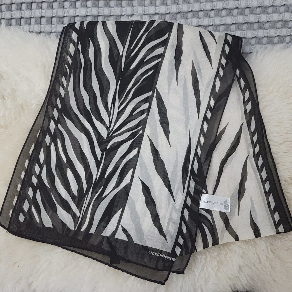 LIZ CLAIBORNE Vintage Sheer Scarf for Neck, Purse, Headband (Black/White) - Picture 3 of 9